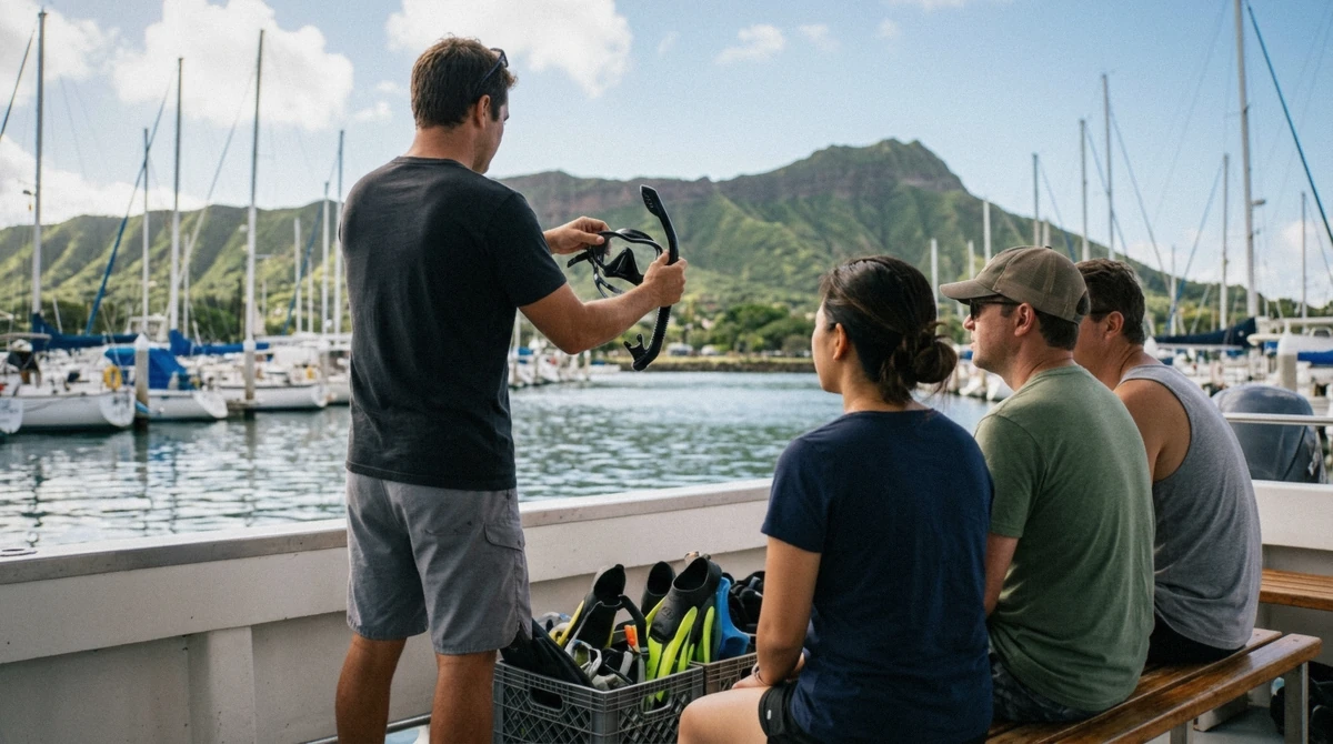 Crew member demonstrating provided snorkel gear before an Oahu dolphin tour departure
