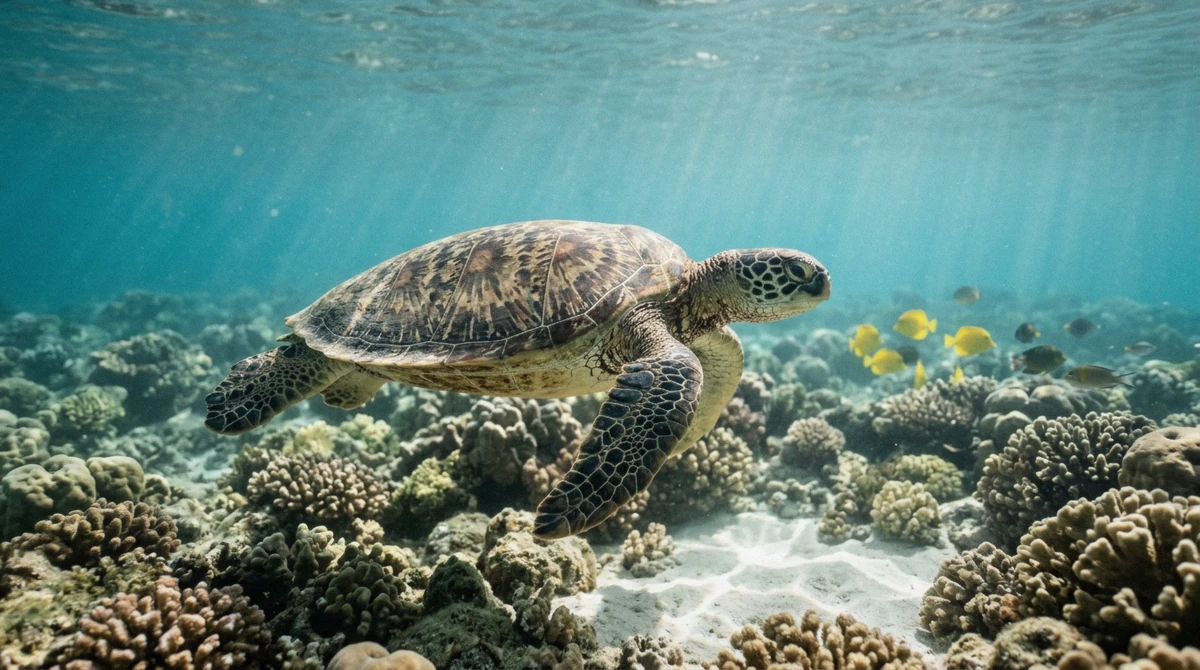 Green sea turtle and yellow tang on a west Oahu reef, the supporting cast of an Oahu dolphin tour
