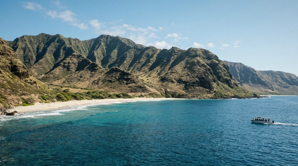 The Makua coastline in calm summer season, the best time for an Oahu dolphin tour on flat west-side water
