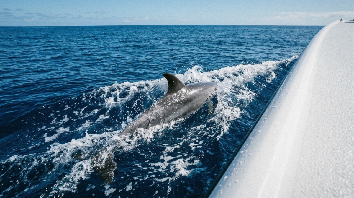 A wild bottlenose dolphin bow-riding a catamaran off Oahu, the alternative to Dolphin Quest Oahu's captive lagoon program
